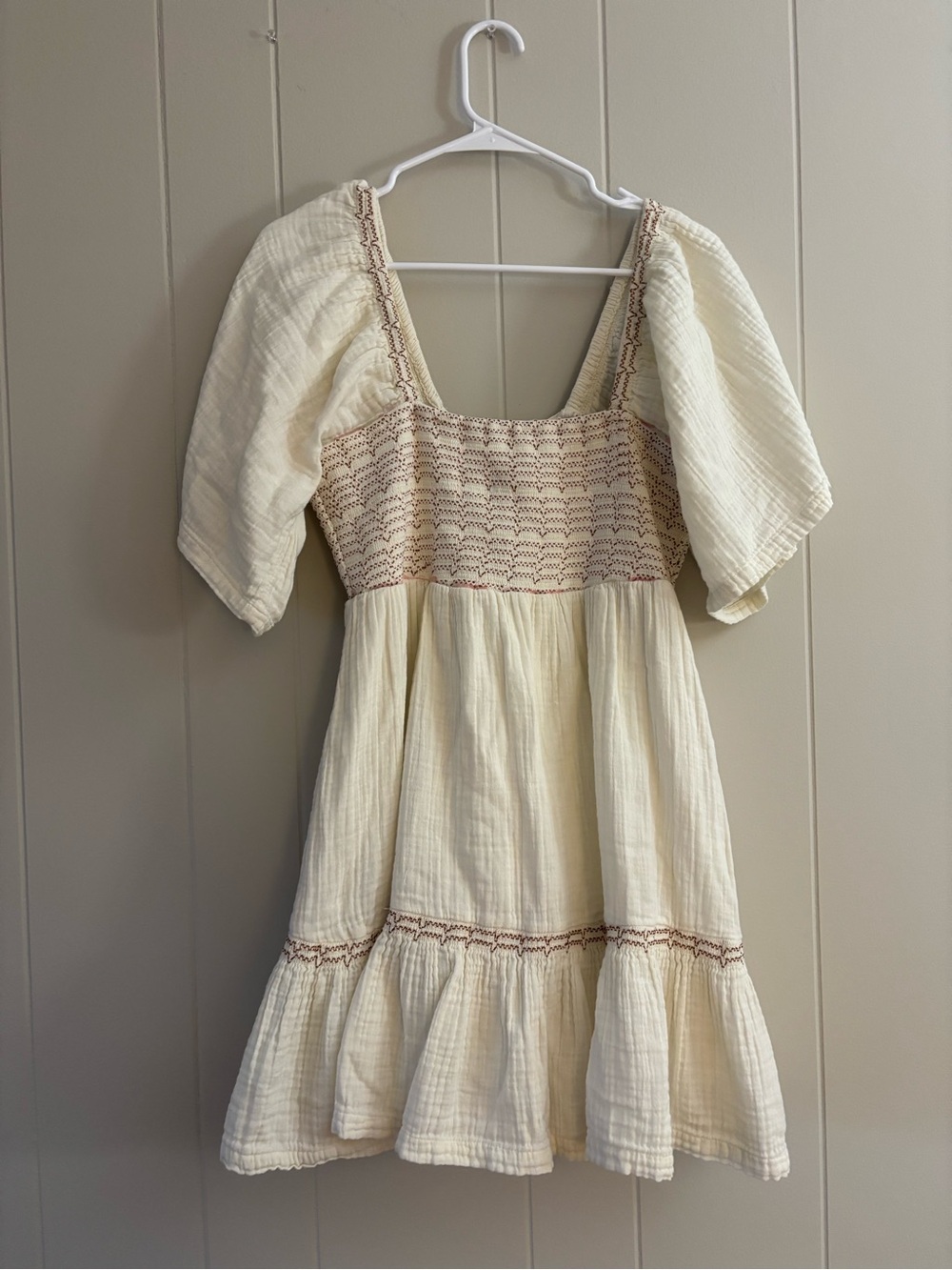 Free People Cream Gauze Smocked Mini Dress with Puff Sleeves